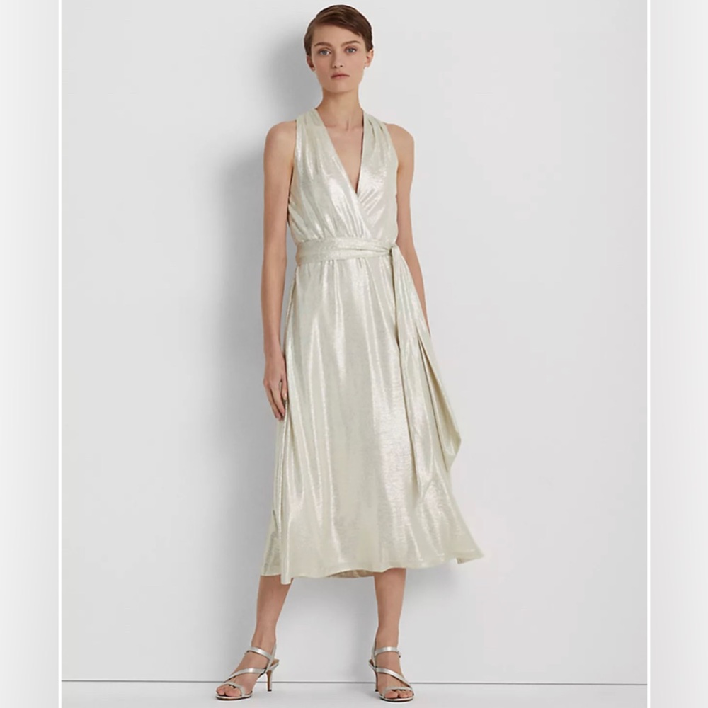 Ralph Lauren jersey metallic halter cocktail dress